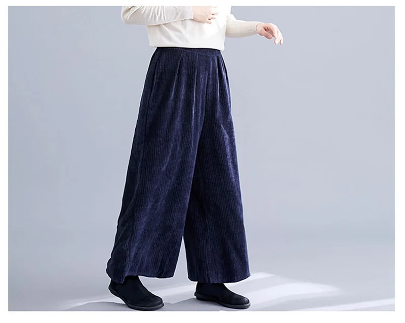 Mferlier Autumn New Corduroy Pants Women Solid Elastic High Waist Navy Blue Purple Brown Ladies Stylish Slim Wide Leg Pants