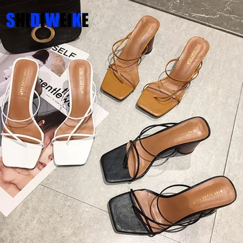 

Women Summer Sandals 2020 High Heel Sandals Slippers Slip On Open Toe Sandals Casual Outdoor Slippers Narrow Band Slides AB408