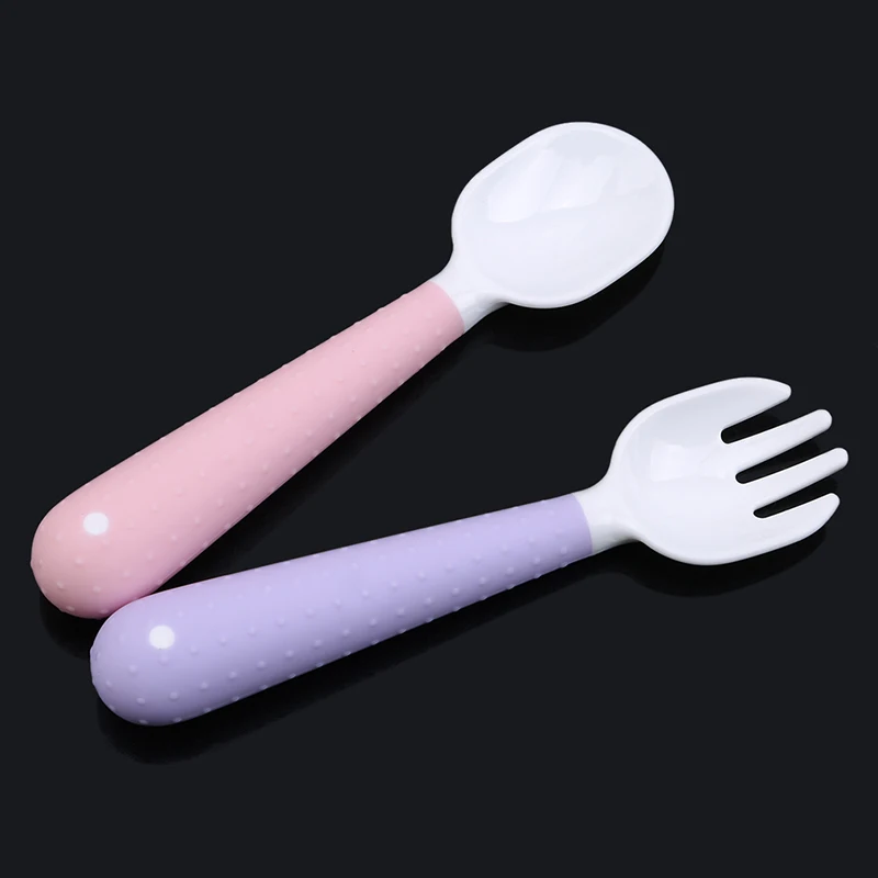 Pink purple Столовые приборы для детей набор ложка и вилка с путешествия защитный чехол малыша легко сцепление термостойкие дети кормления тренировочная ложка - Цвет: Pink purple