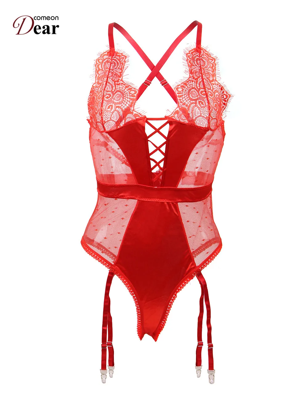 Comeondear Lace Bodysuits Plus Size Women Transparent Jumpsuit Sexy Teddy Satin Overalls Body Mujer With Garter Belt RB80651