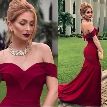 

Off Shoulder Burgundy Evening Dresses 2020 Zipper Stretch Long Women Mermaid Prom Gowns Maid of Honor Dresses Vestido De Festa