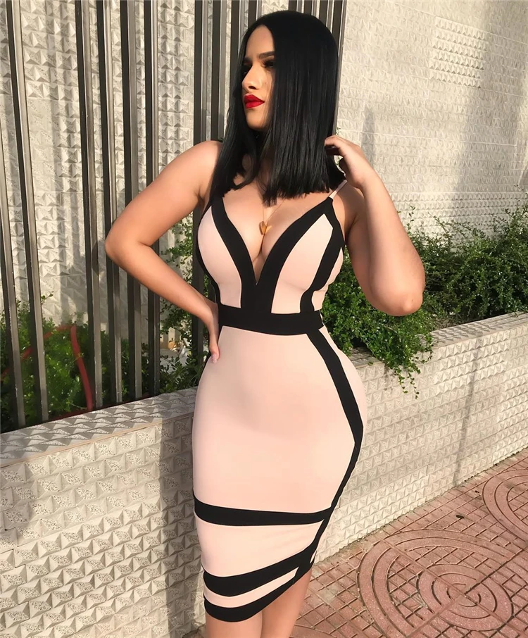 HOT sale sexy V-neck knee-length striped beige dress for women VYN8099