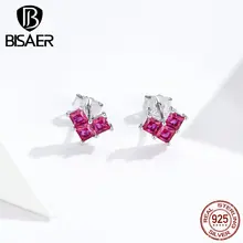 Хорошее ювелирное изделие BISAER, Стерлинговое Серебро 925 пробы, серьги-гвоздики с сердечком, розовые женские серьги из циркония, роскошные свадебные ювелирные изделия EFE248