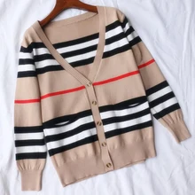 Новинка на осень-зиму свободные однобортные кофты Трикотаж Женская Повседневная Цвет одинаковая полосатая Дамский кардиган свитер s704