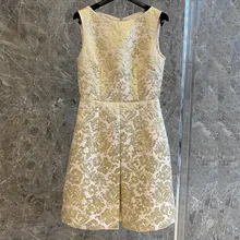 Nowy 2021 wiosna damska sukienka w stylu Vintage złoty żakardowe na imprezę bal bez rękawów wspaniały elegancki Mini sukienka krótki