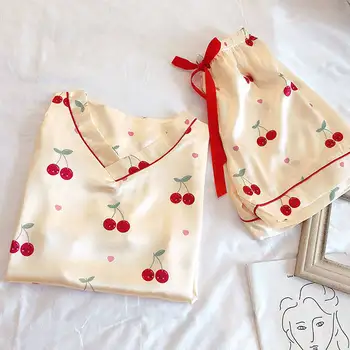 

Satin Pajamas Women Cherry Print Silk Pyjamas Short Sleeve Cute Woman Summer Pajamas Shorts Women Loose Home Suit Nightie Pijama