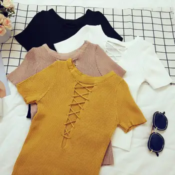 

Hollow Straps Slim Slimming Sweater Female Sense Short-sleeved Round Neck Knitted Bottoming Sweater Pullover Women Spring Summer