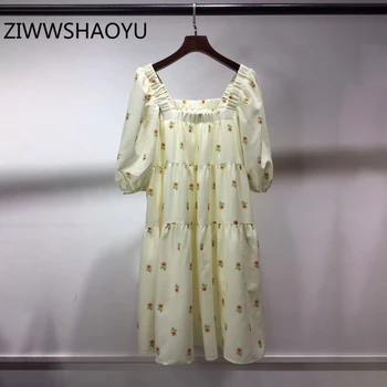 

ZIWWSHAOYU Summer Female Yellow Floral Print Sweet Loose Dresses Runway Designer Women Square Collar Cute MIni Short Dresses