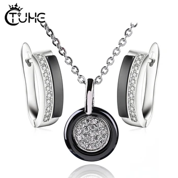 

Exquisite Black White Ceramic Jewelry Set Lovely Pendant Neckalce Mini Cute One Row Rhineston Earring For Women Wedding Jewelry