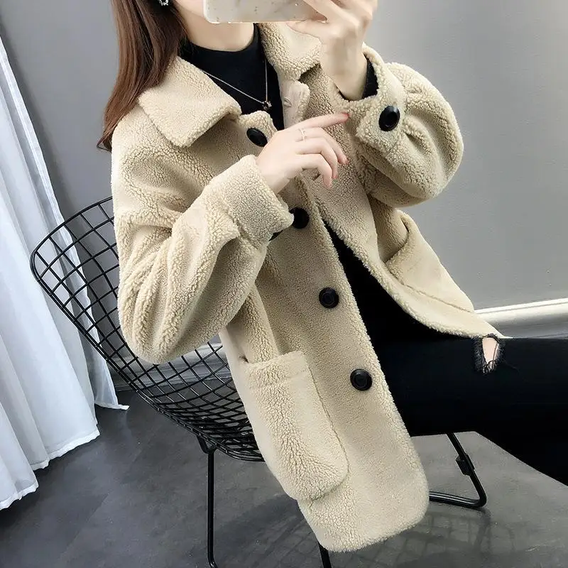 

Lamb Wool Coat With Fur Women 2024 Autumn Winter New Jacket Sheep Shearing Fashion Loose Grain Fleece Cardigan Outerwear Female