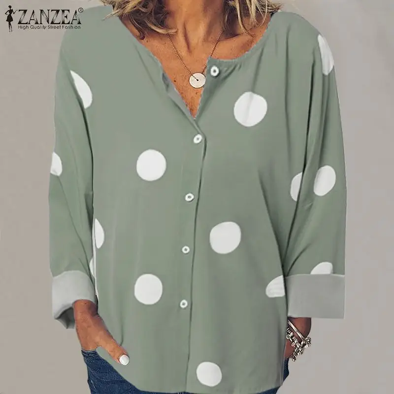 

Plus Size Tunic Women's Print Blouse ZANZEA 2019 Autumn Casual Long Sleeve Shirt Stylish Polka Blusas Female Button O-Neck Top 7