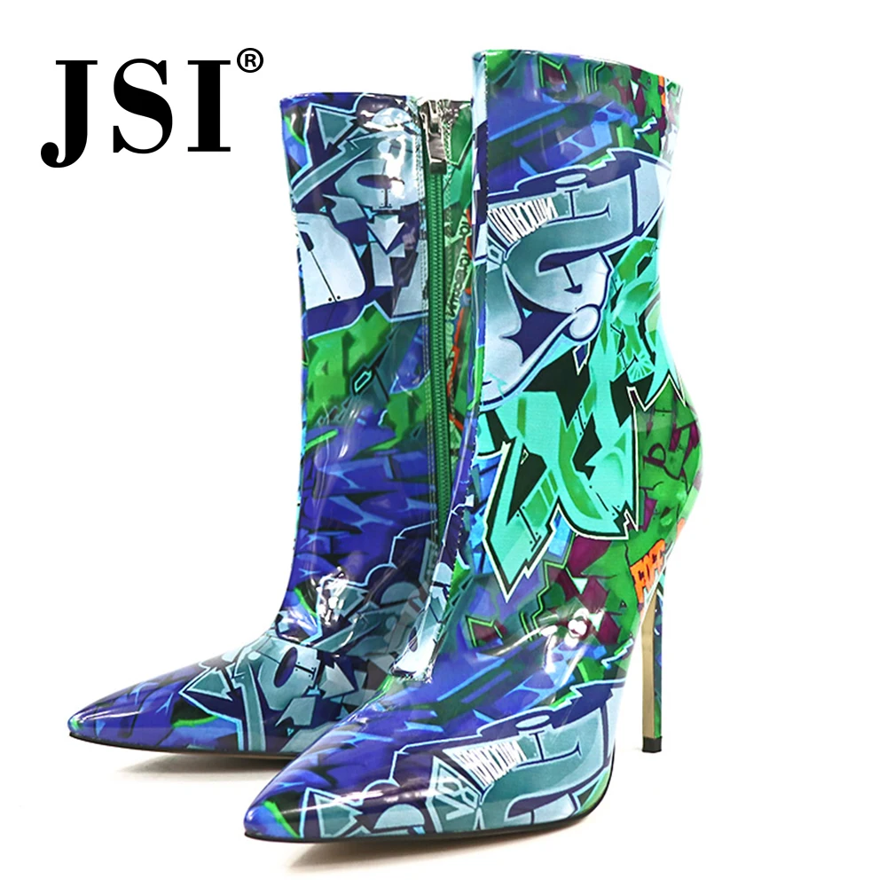 

JSI Fashion Totem Microfiber Women Boots Mixed Colors Print Pointed Toe Slip-On Super High Heel Thin Heel Basic Boots Women JE6