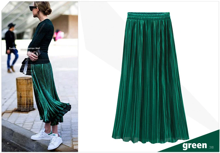 Trytree летняя Осенняя плиссированная юбка женская винтажная юбка с высокой талией Сплошные длинные юбки Новая модная юбка цвета металлик Женская