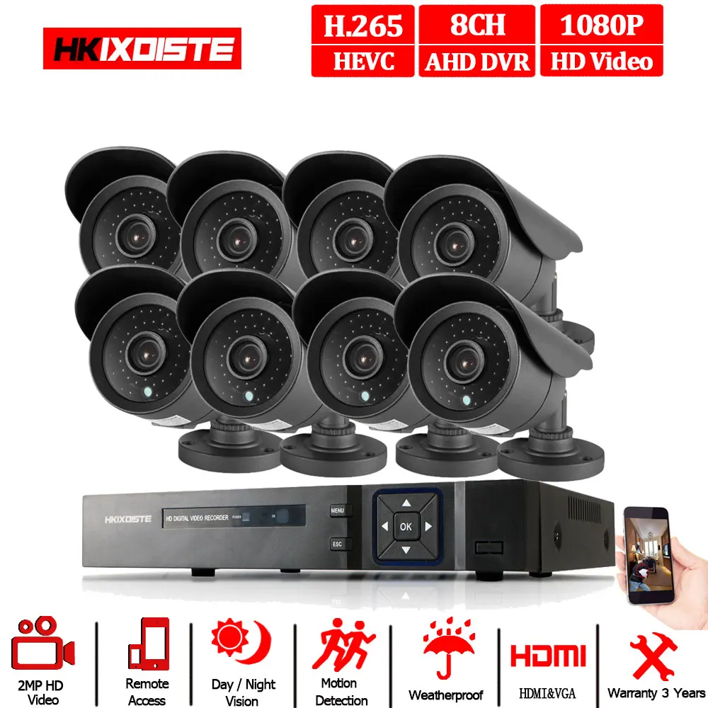 8CH 1080P HDMI DVR 1080P HD Крытая наружная камера безопасности система SONY 8-канальный CCTV DVR комплект 8 шт AHD камера набор с 2 ТБ HDD - Цвет: Черный