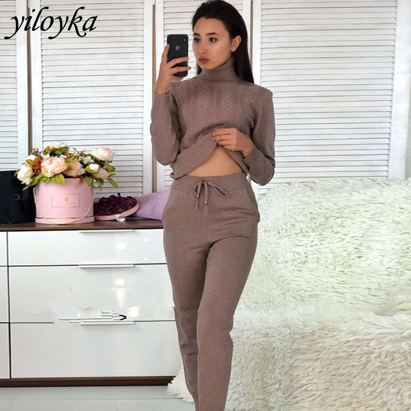 

Winter Women Turtleneck Sweater + Pants Two Piece Set Female Autumn Casual 2 Piece Set Women Tracksuit Sweater Knitted Trousers
