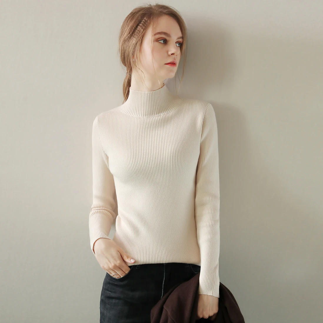 gkfnmt 2020 New Coming Autumn Half Turtleneck Pullovers Sweaters Primer shirt long sleeve Korean Slim-fit Tight Sweater Winter | Женская