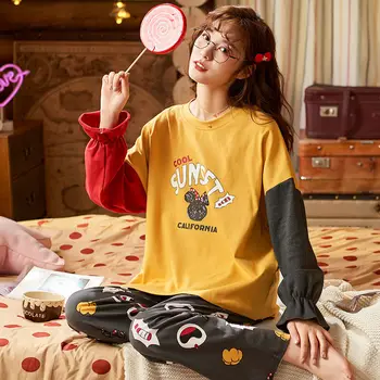 

New style pajamas women's spring and autumn cotton long-sleeved Korean student cute loose home service winter plus size suit