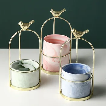 

Home Decoration Miniature Model Dry Flower Arrngement Ceramic Flower Pots With Metal Birdcage Decoration Ornament Wedding Crafts