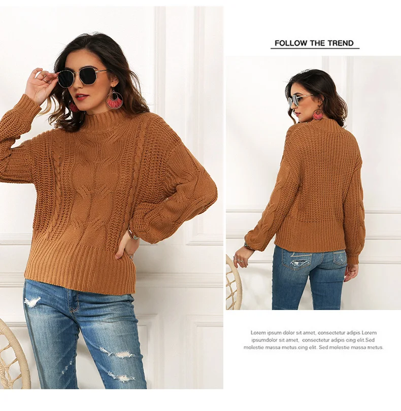 Neon Sweater Women Knitted Fuchsia Pink Solid Half Turtleneck Pullovers Long Casual Loose Knitting Shirts Female Jumpers