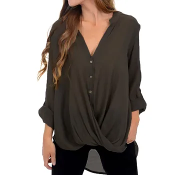 

Women Blouses Autumn Elegant Irregular V-Neck Chiffon soft Tunic Casual Solid breathable Half sleeve Top Shirts New