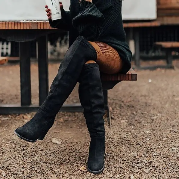 HEFLASHOR/ г. Женские Сапоги выше колена зимняя обувь на толстом каблуке пикантные женские сапоги из эластичной ткани с острым носком Размеры 35-43 - Цвет: Черный
