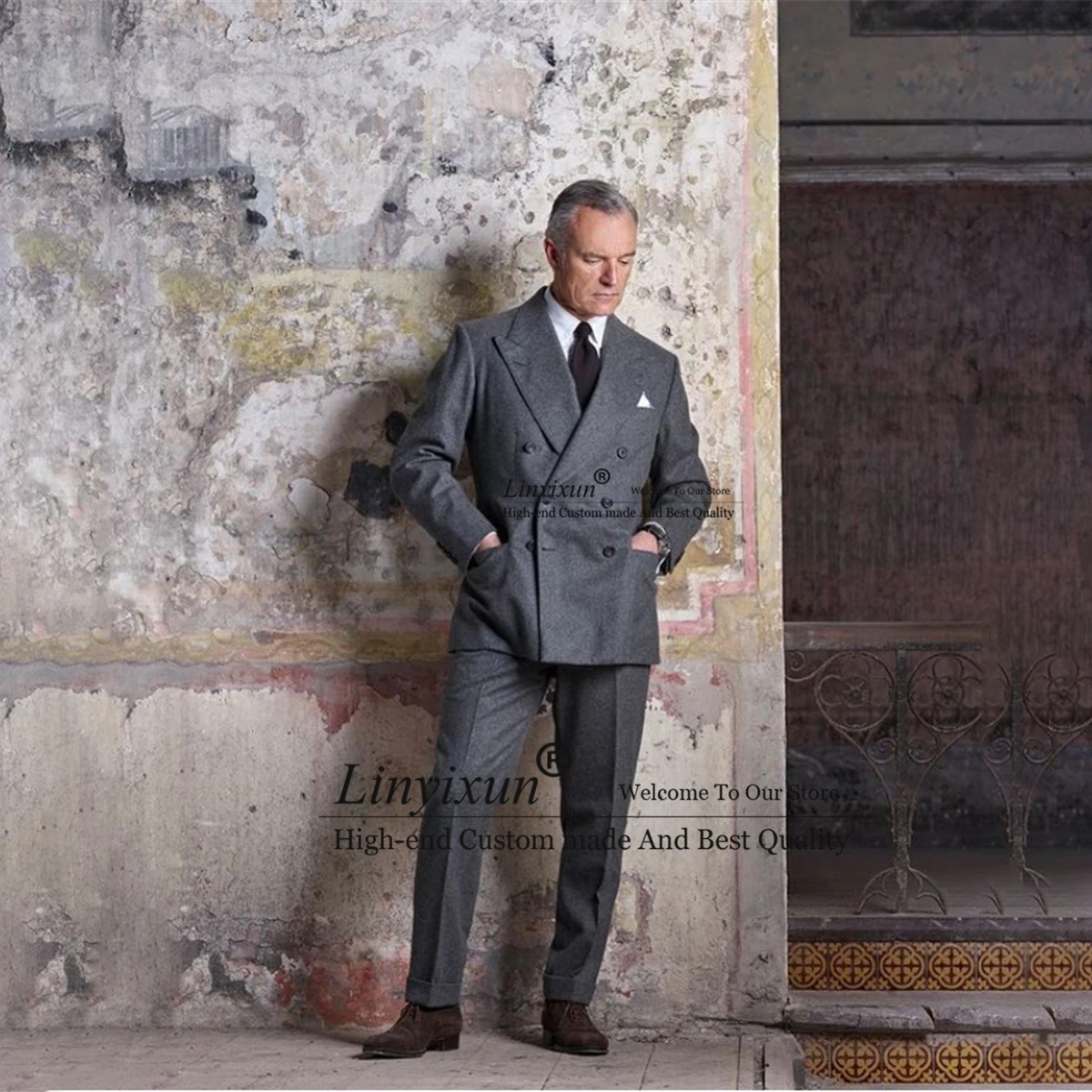 Winter Wool Tweed Mens Suits Double Breasted Groom Wedding Tuxedo 2 Piece Jacket Pants Set Business Male Blazer Terno Masculino | Мужская