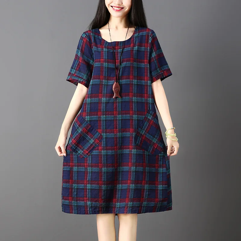 

2018 Summer Wear New Style Literature And Art Plaid Cotton Linen Large Size Dress Mid-length Loose-Fit Crew Neck Short-sleeve Dr