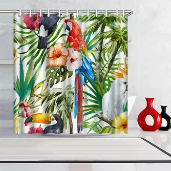 

Photo Custom Shower Curtain Parrot and Trees Waterproof Polyester Fabric Bath Curtain for Bathroom Decor with Hooks 180x180cm
