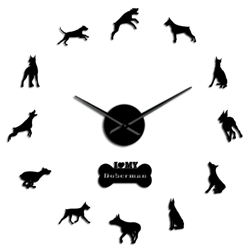 Black Doberman Pinscher DIY акриловые зеркальный эффект большие настенные часы Doberman большое время часы Dobie гостиная декоративные настенные часы - Цвет: Black