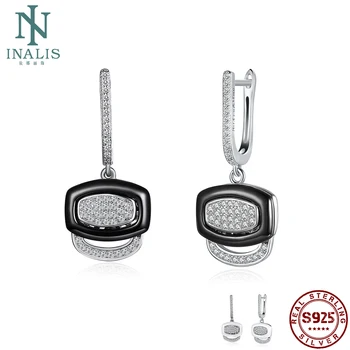 

INALIS Original Cute Fashion Square Design 925 Sterling Silver Zirconia Dangle Drop Earrings Ceramic Jewelry For Women Gift