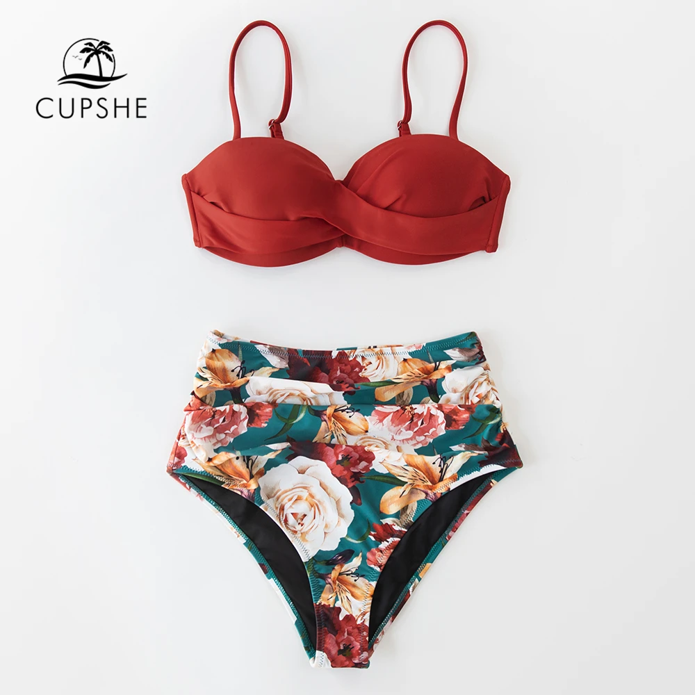 Swimsuit Sexy Bikini-Sets Bathing-Suits CUPSHE Floral Push-Up Black Two-Pieces High-Waist