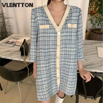 

2020 Spring Autumn Vintage Plaid Tweed Mini Dress For Women Sexy V-Neck Elegant Party Dresses Ladies Vestidos De Fiesta De Noche