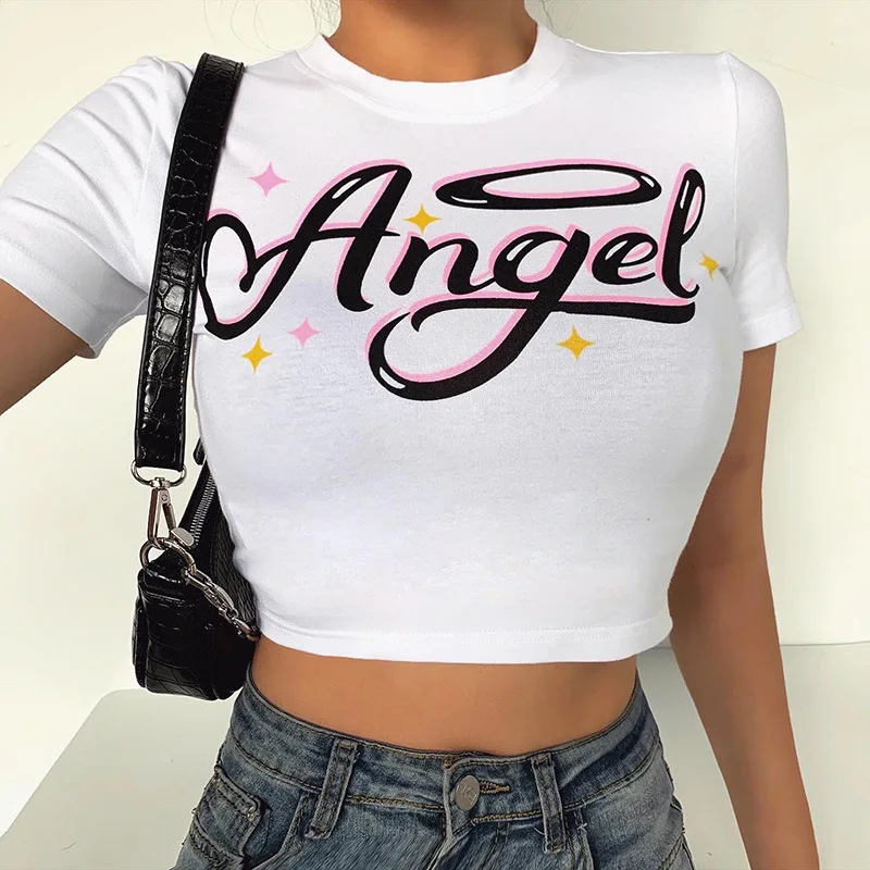 Hc017edff03444c5c91f8e53f4f006de02 - Angel Letter Printed Short Sleeve T-Shirts