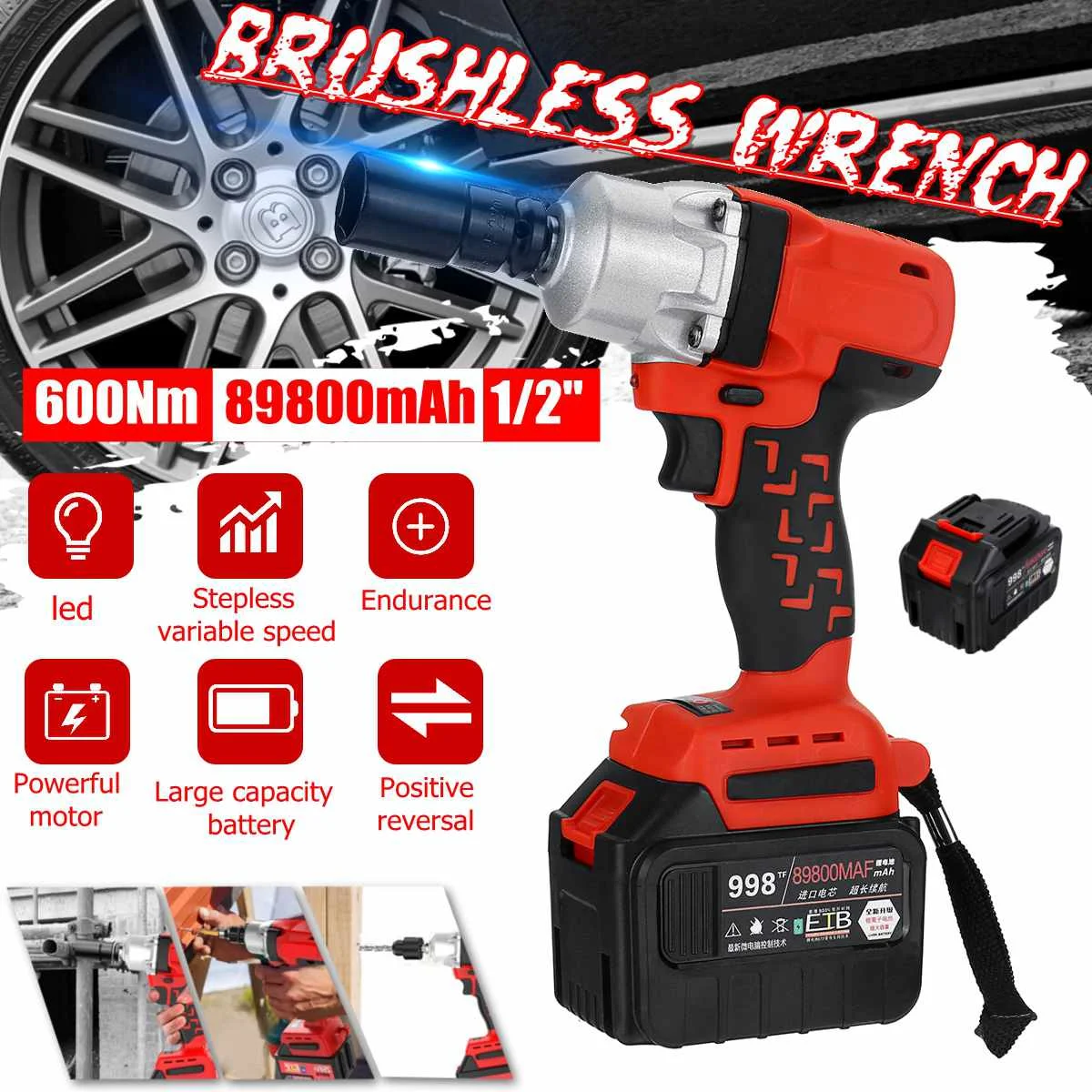 

Electric Wrench Brushless Brushless Impact Wrench 600Nm Torque Drill 89800mAh 1/2'' Electric Wrench Socket