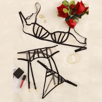 

Women Nets Split Sexy Lingerie Three Piece Set Ladies Sexy Exquisite Lace Babydoll Cut-Out Sleepwear Lady Erotic Underwear Set