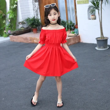 

INS Hot Solid Shoulderless Girls Dresess 3-13 years old Children's Clothing for Girl New Summer Casual Cotton Kids Clothes