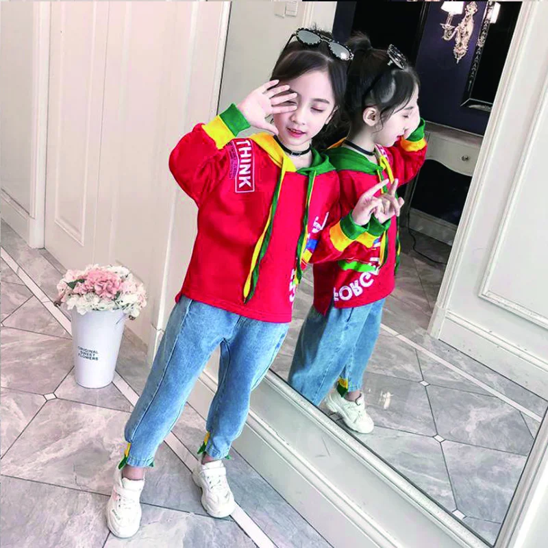 Осень г., костюм для девочек Cuhk/детская одежда для отдыха из флиса+ джинсы комплект из двух предметов