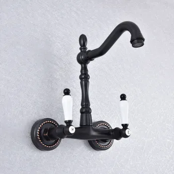 

Kitchen Wet Bar Bathroom Vessel Sink Faucet Black Oil Rubbed Brass Wall Mounted Swivel Spout Mixer Tap Dual Ceramic Lever msf752