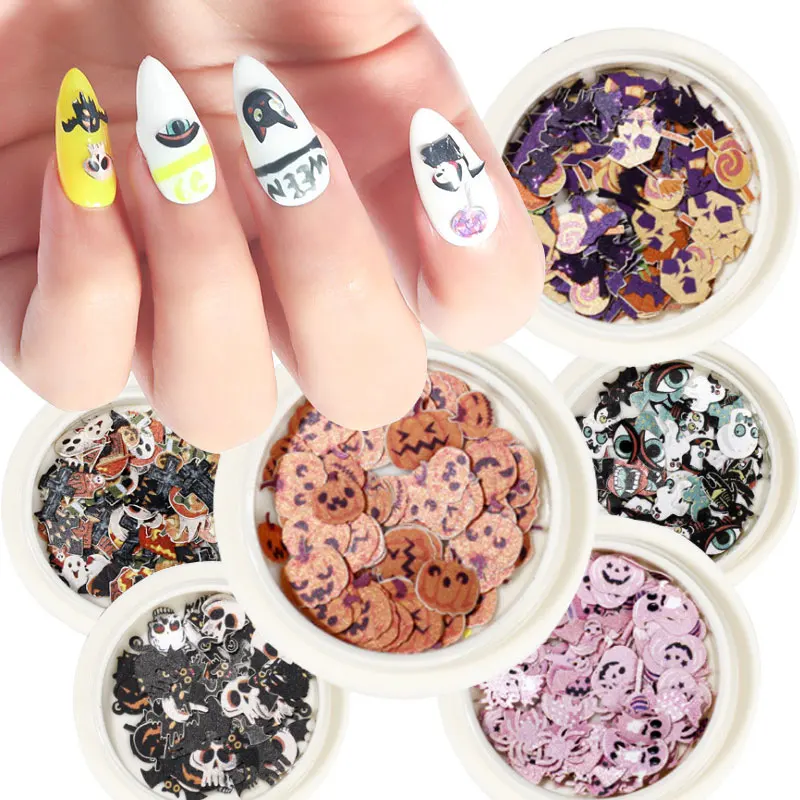 

Halloween Nail Supplies 3D Pumpkin Spider Skull Ghost Head Nail Sticker Wood Pulp Piece Halloween Pumpkin Nail Decoration