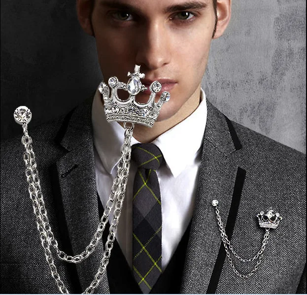 

British Style Suit Chain Pin Badge High-end Men's cCrown Brooch Needle Men and Eomen Shirt Collar Clip Pin Clothing Decoration