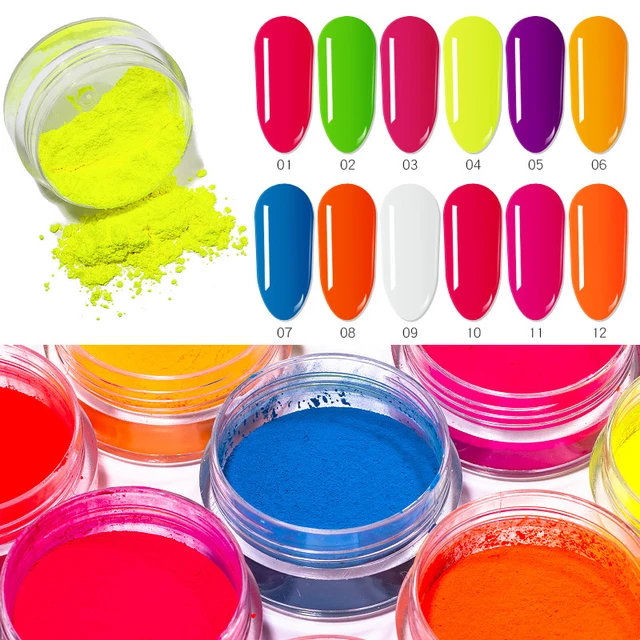 12 Colour Set Neon Pigment Nail Art Powder Dust Ombre Smoky Florescent Face  Body