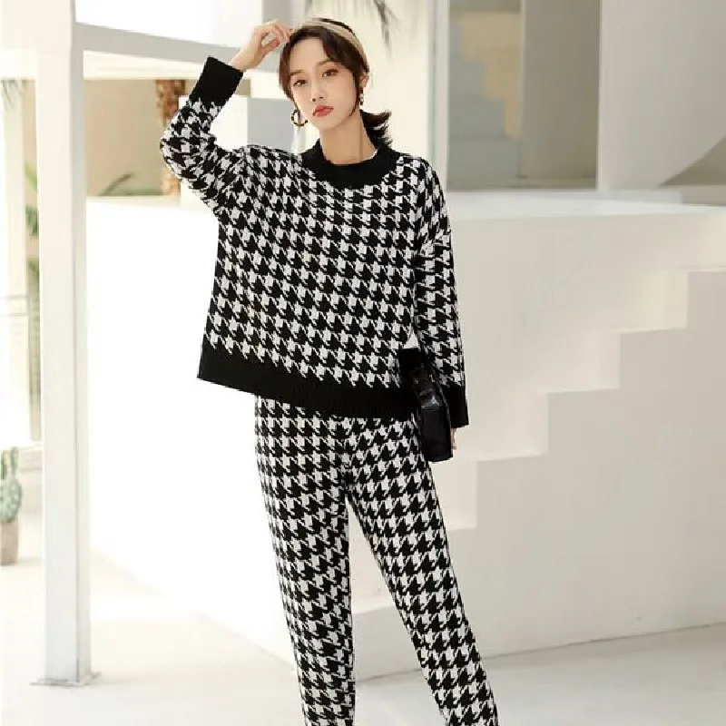 

2022 Spring autumn 2 piece sets womens outfits houndstooth knit O-neck Long sleeve tops Harem pants loose womens two peice sets