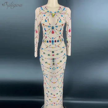 

Ailigou Sexy Multicolor Rhinestone Transparent Long Dress Bar Birthday Dress Up Dress Female Dance Celebration Performance Dress