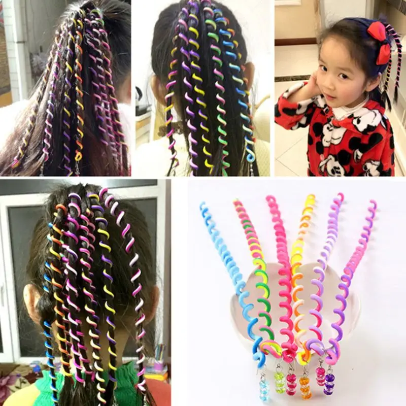 

6Pcs Children Girls Kids Spiral Hair Styling Twister Clips Cute Rainbow Color Braider Tool Elastic Headband Accessory with Beads