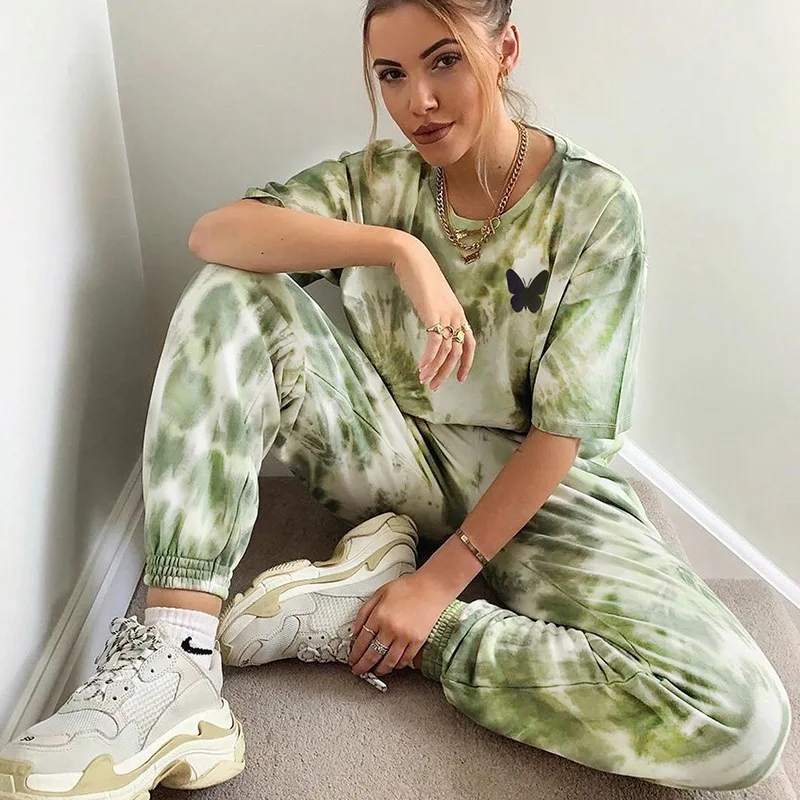 

2020 Summer New Butterfly Printing Tie Dye Pants Female Casual High Waist Hip Hop Loose Pants Street Wear Jogging Female Pants