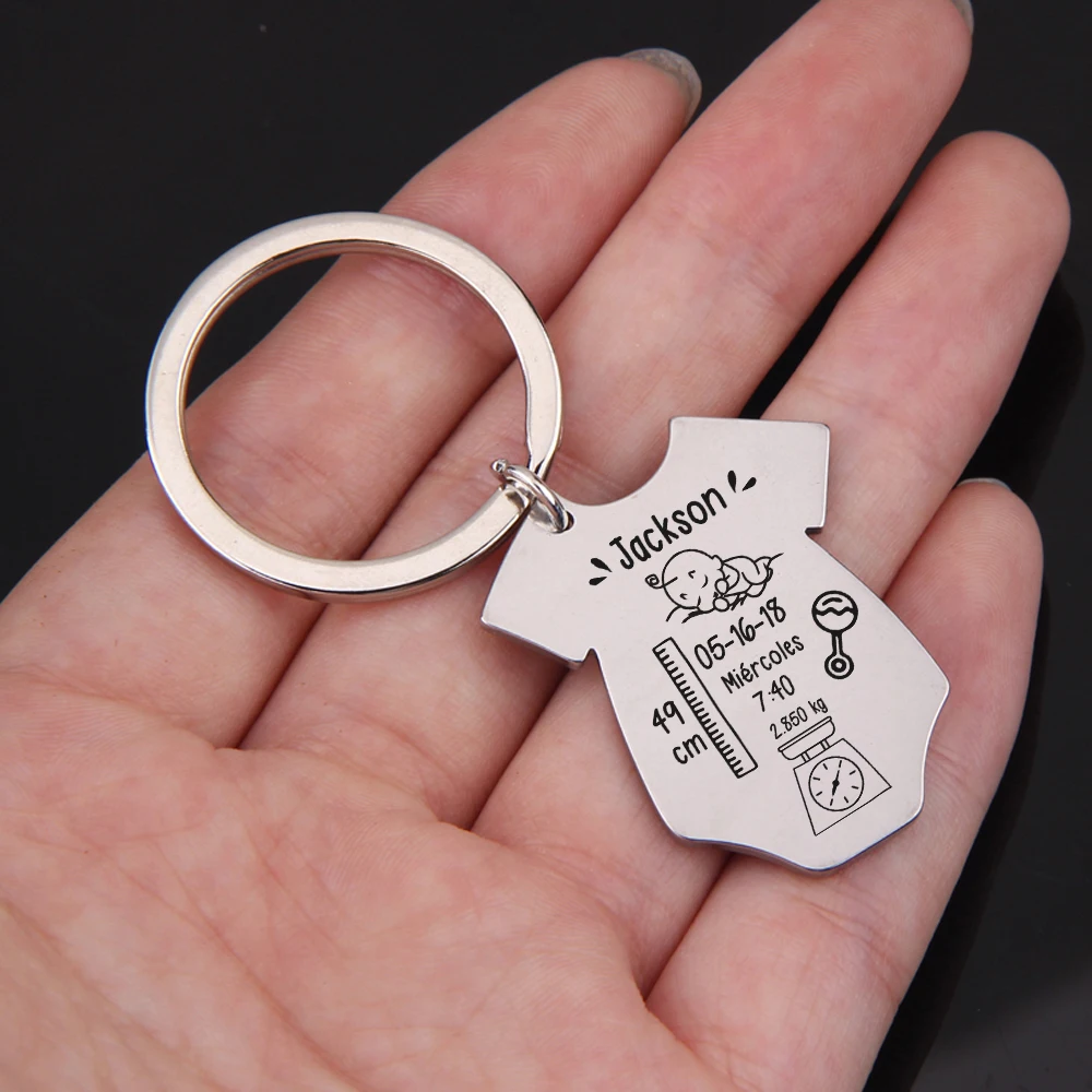 Flyangel Custom Baby Stats Keychain Baby Rompers Key Chain Birthday Stats Keyring Customized