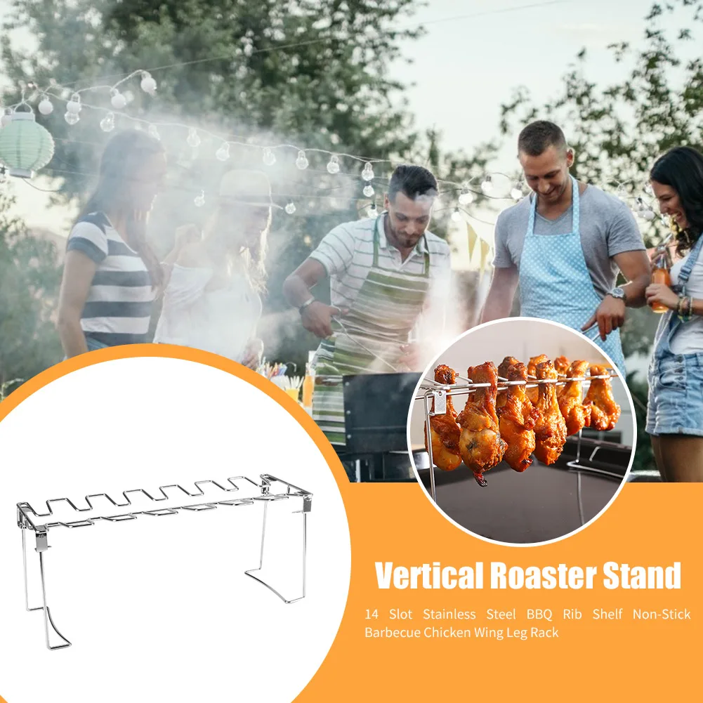 Non-Stick Barbecue Chicken Wing Leg Rack 14 Slot Stainless Steel
