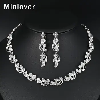 

Minlover Elegant Leaves Bridal Jewelry Sets Silver Color Rhinestone Party Necklace Earring Sets Wedding Jewelry for Women MTL519