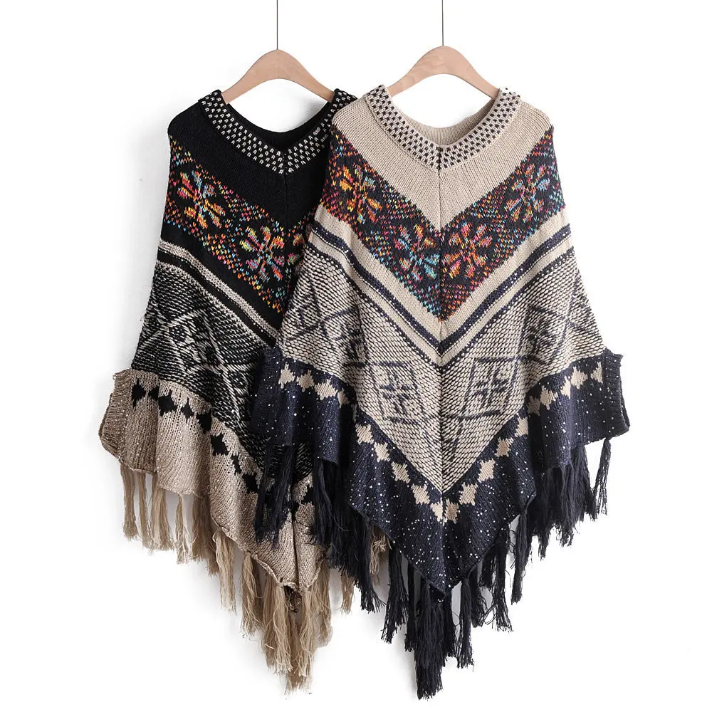 

Mooirue Women Sweater Kintting Cloak Vintage Harajuku Bohemia Tassel Pullover Loose Casual Korean Style Streetwear Print Tops