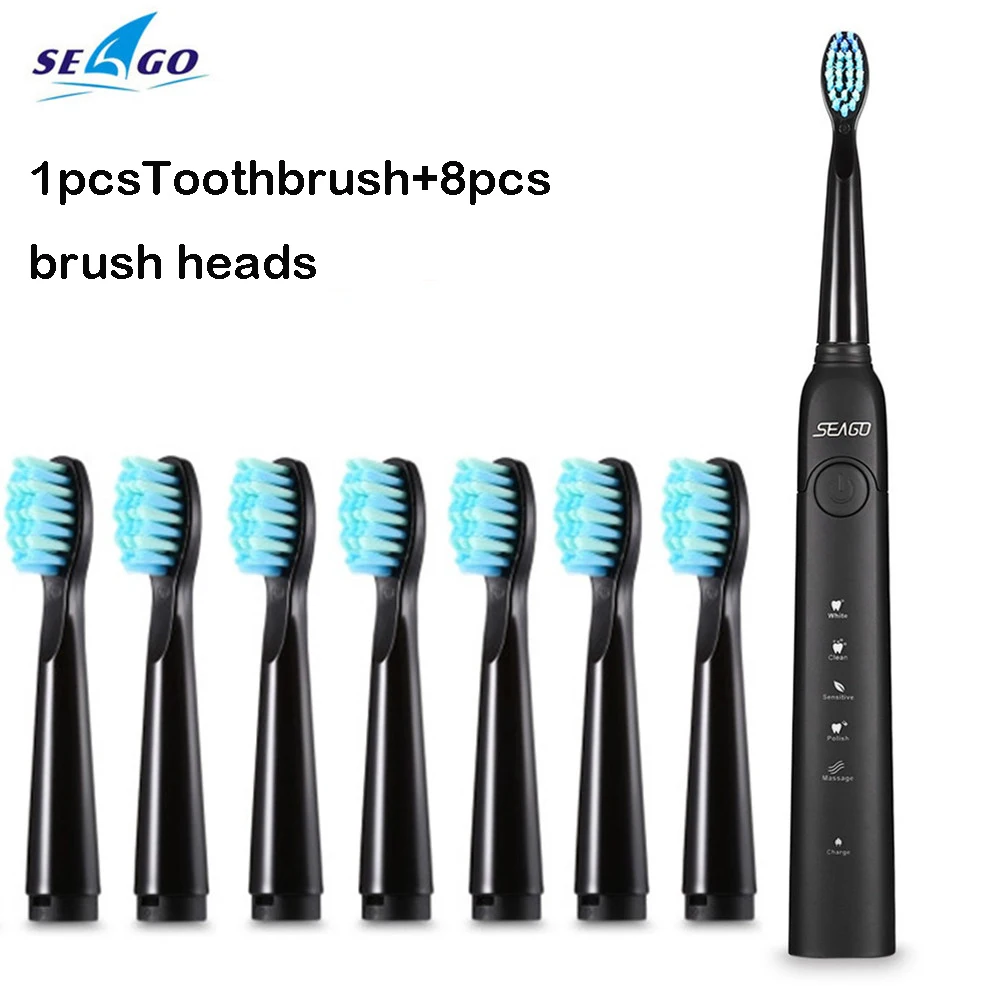 

SEAGO Sonic Electric Toothbrush SG-949 USB Rechargeable Tooth Brushes Adult Timer Brush 5 Modes With 8pcs Replacement Heads Set